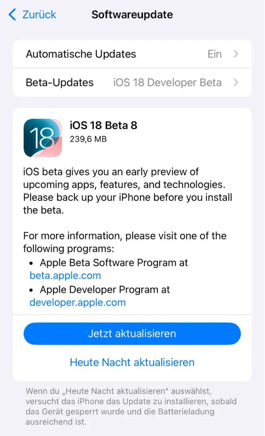 孝昌苹果手机维修分享苹果 iOS / iPadOS 18 开发者预览版 Beta 8 发布 